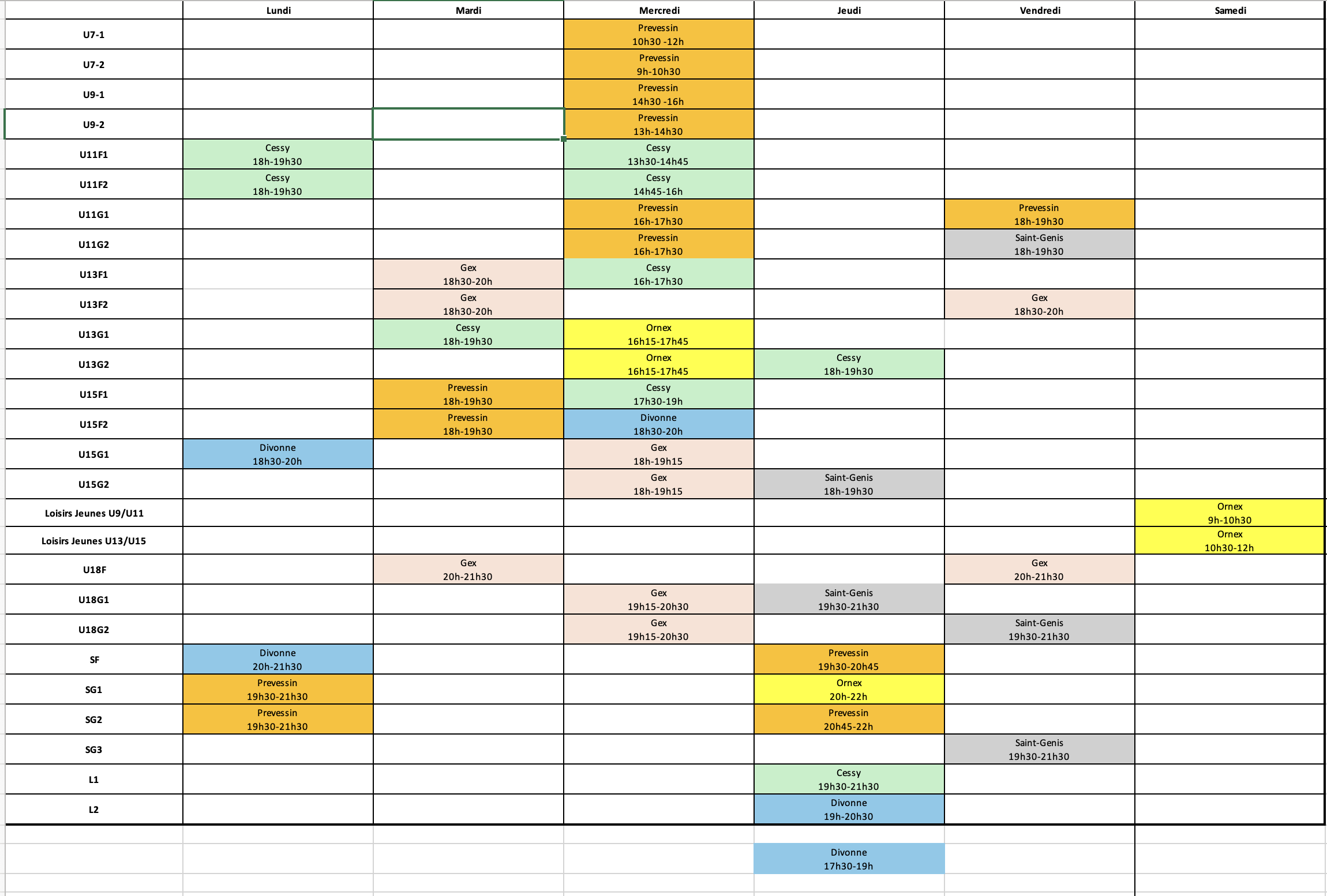Planning Entraînements Basket Pays de Gex